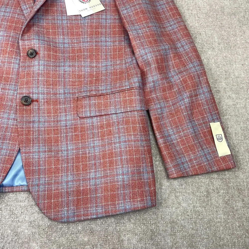 Thom Hudson Blazer Sport Coat Mens 42R Raspberry Plaid Wool Silk Notch Lapel